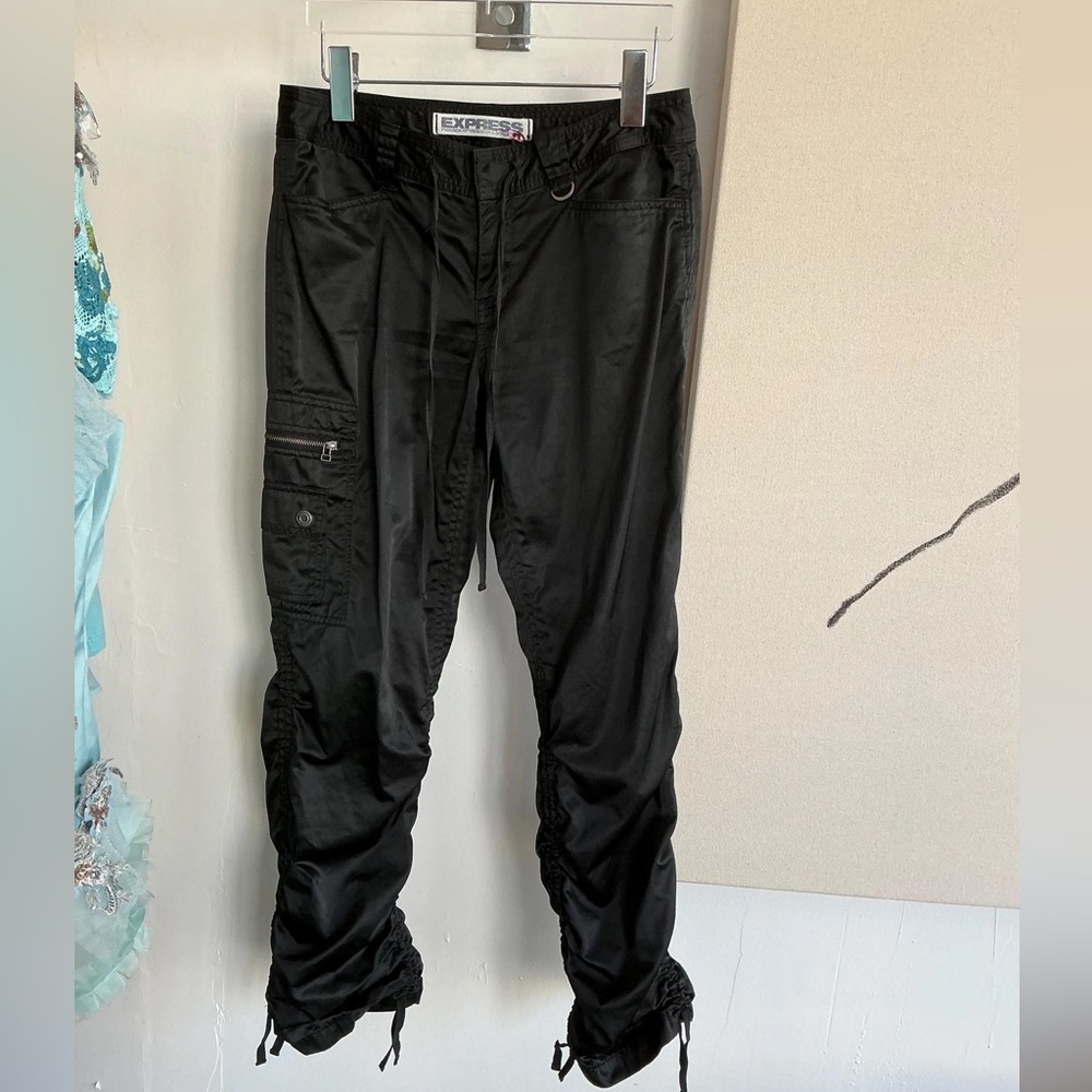 Express Jet Black Satin Cargo Pants